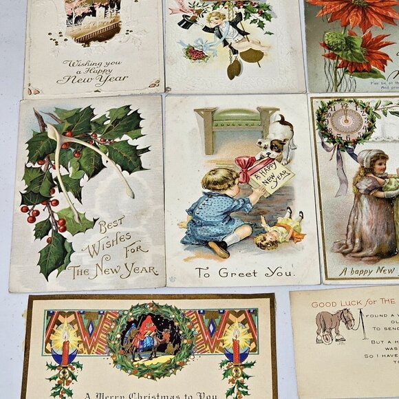 Antique Christmas New Years Postcard Lot/14 ephemera 1910s Embossed bells floral - Picture 8 of 11